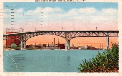 Postcard IL Peoria New Cedar Street Bridge Posted 1949 Linen Vintage PC M1343 - Image 1 of 2