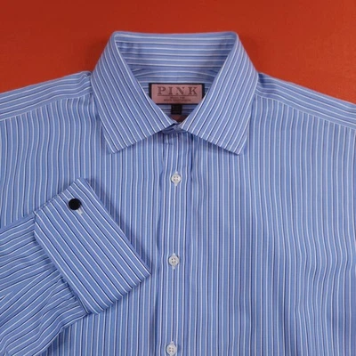 NWOT Thomas PINK Men's Classic French Cuff Dress Shirt Blue Striped 16-34.5 - Image 1 of 4