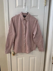 Lands’ End Women’s Shirt 14 Button Up Long Sleeve Red White Striped Cotton Blend - Picture 1 of 5