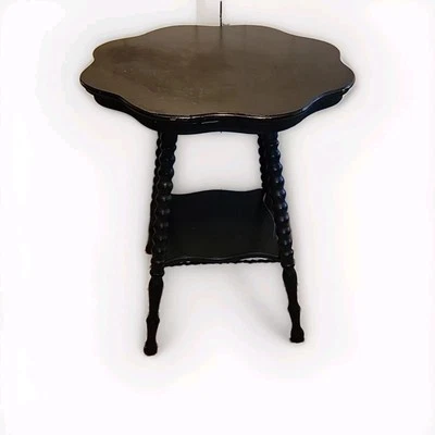 Antique Side Accent Table Turned Bead Leg Oak  - Round Scallop Top Painted Black - Image 1 of 4