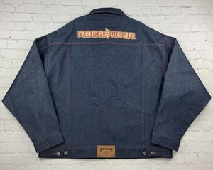 VTG Rocawear Jean Jacket Mens XXL Heavy Blue Denim Stitched Logo Hip Hop Y2K - Picture 1 of 16