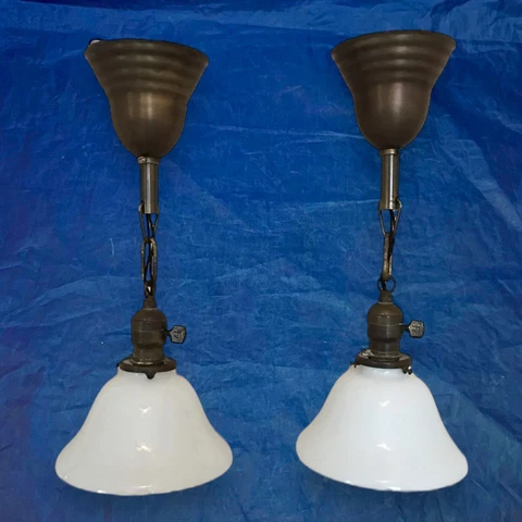 16" Brass Pendant Light Pair Wired With Milk White Bell Shades Antique 28E Cover
