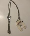 Disney Parks Mickey Mouse Crystal Tassel Pendant On Long Silver Tone Chain.  NEW