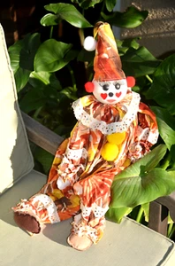 Vintage Hand Made Sitting Clown Doll with Heart Cheeks & Big Eyelashes, 24" Tall - Picture 1 of 4
