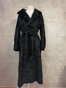 Max Mara Long Coat Womens Black Fluffy Faux Fur Mink Collar Belted Size 10 - Picture 1 of 10