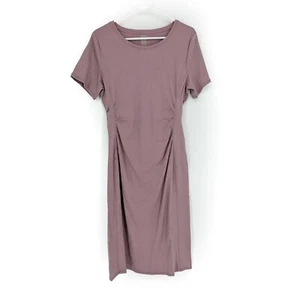 Vestido midi acanalado manga corta zuda con fruncido malva pálido para mujer talla mediana - Imagen 1 de 7