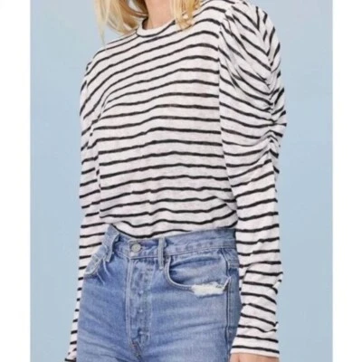 LNA Women Ella Puff-Sleeve Striped Tee Crew Neck Long Sleeve White Black Size M - Image 1 of 4