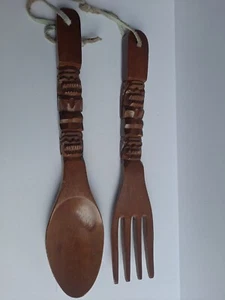 Vintage MCM Wood Decorative Fork And Spoon Set. About 14.5 Inches Long - Picture 1 of 7