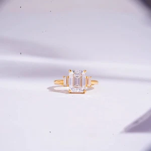 2.77ct White Emerald Moissanite in 10kt Yellow Gold Three Stone Enagagement Ring - Picture 1 of 5