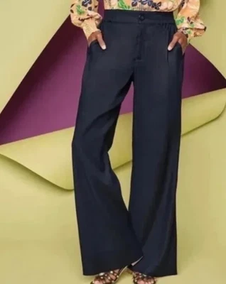 Cabi Finale Wide Leg Trousers Pants Womens M Navy Blue Linen Blend Elastic Waist - Image 1 of 4