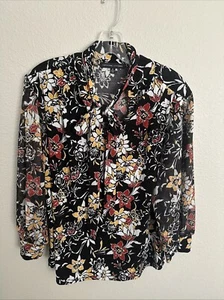 Adrienne Vittadini Bluse mit Bindekragen geblümt schwarz Herbstmuster Langarm Gr. XL - Bild 1 von 12