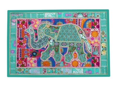 Elephant Wall Hanging Patchwork Tapestry Beaded Hand Embroidered Throw Decor 60" - Image 1 of 4