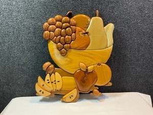 Hand crafted solid wood intarsia wall hanging featuring fruit still life - Picture 1 of 6