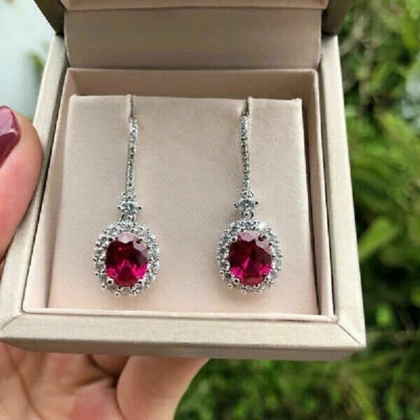 2Ct Oval Cut Lab Created Red Ruby Drop/Dangle Earrings 14K White Gold Plated - Image 1 of 3