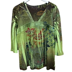 DRESSBARN Boho Top XL Green Print Tee 3/4 Sleeve Dye Sublimation Floral - Picture 1 of 8