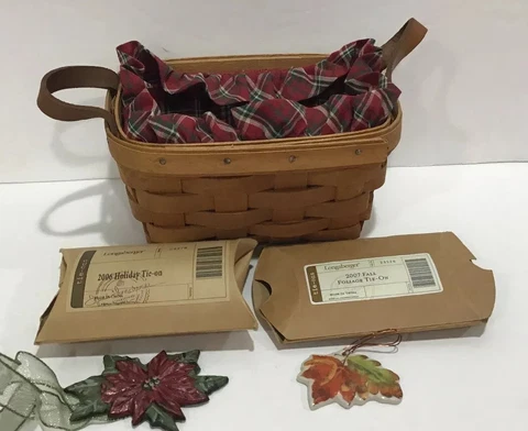 Longaberger Small Basket Leather Handles Red Pattern Cloth Liner W/2 Tie-On’s Cover