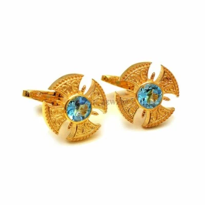 Natural Blue Topaz Gemstone with Gold Plated 925 Sterling Silver Cufflink #2035 - Image 1 of 4