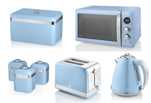 SWAN Retro Blue Jug Kettle 2 Slice Toaster Microwave Bread Bin & Canisters Set - Picture 1 of 15