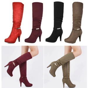 Women Stilettos High Heel Knee High Boots Winter Warm Fur Lining Side Zipper - Picture 1 of 23