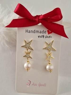 Orecchini a Stelle con zirconi in arg. 925 placcato oro giallo con perle  - Immagine 1 di 3