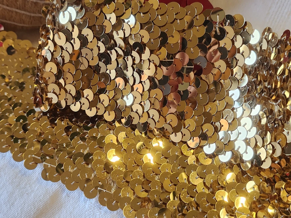 Galon vintage xxl large sequin doré fait main elastique 1 mètre 20 sur 5,6 cm T1 - Photo 1/4