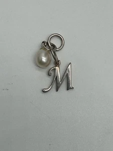 Vintage Sterling Silver 925 I LETTER M Pendant Charm w/ Natural Freshwater Pearl - Picture 1 of 2