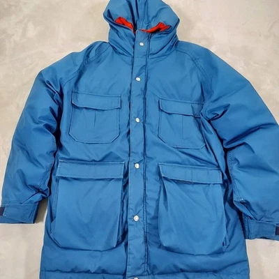 Chaqueta de Colección Woolrich Para Hombre Mediana Plumón Puffer Parka Capucha Bolsillos Azul Marino Años 70 Cremallera Foto 1 de 4