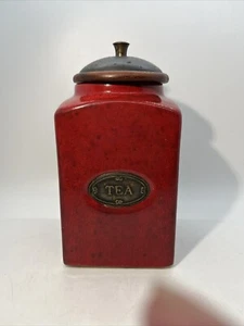 Bidone da tè rustico mattone rosso ceramica coperchio metallo made in India alto 7,5" - Foto 1 di 8