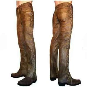 Western Cowboy Style Leather Pant Native American Brown Leather Pant Side Laces - Picture 1 of 4