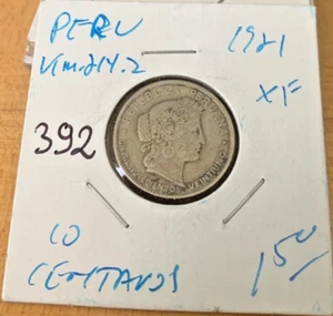 1921 Peru 10 centavos XF Details KM #214.1. Coin #392 - Picture 1 of 2