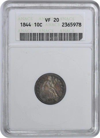1844 Liberty Seated Silver Dime VF20 ANACS Cover