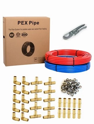 Tubo PEX de 1/2" 2x 100 pies (200 pies), 30 piezas de montaje de latón de 1/2", 100 piezas de abrazaderas, cortador Foto 1 de 4