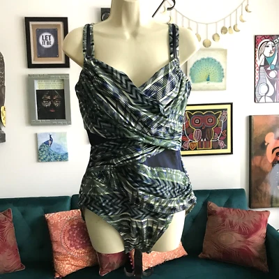 MIRACLESUIT size 16 Blue & Green Print Crossover With Mesh One Piece Swimsuit - Image 1 of 4