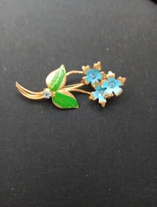 VINTAGE ENAMELED BLUE FLOWERS BROOCH WITH BLUE STONES BROOCH SIGNED AUSTRIA - Picture 1 of 6