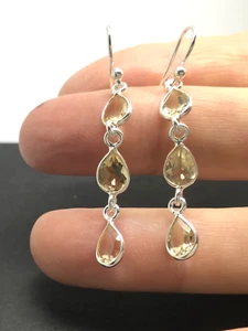 Citrine drop earrings, Solid Sterling Silver, pear, Faceted. Triple. Gift box. - Picture 1 of 7