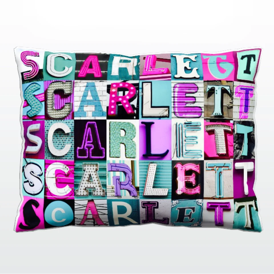 Personalized Pillow featuring SCARLETT in photo of PINK/BLUE/PURPLE sign letters - Image 1 of 1
