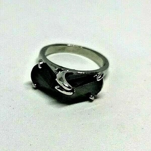 Vintage Black Ribbon Shaped Stone Silver Metal Ring 1980' Size O - Picture 1 of 7