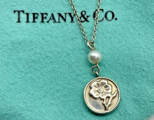 Authentic Tiffany & Co. Nature Rose Cultured Pearl 925 SS Necklace~16” - Picture 1 of 8