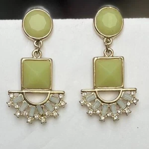 NEW Boutique Mint Green Gold White Stone Round Square Dangle Drop Earrings - Picture 1 of 1