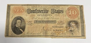 1861 (T-24) $10 Confederate Currency Note - Cancelled (repaired) Hunter & Child - Picture 1 of 2