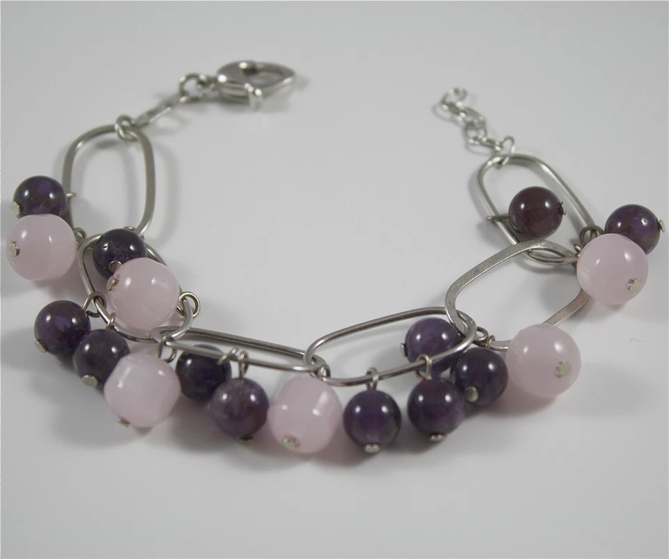 Silber Armband 925 Rhodium mit Amethyst Violet Und Kristalle Pink Charms - Bild 1 von 1
