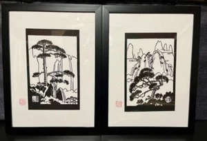2 Vintage Japanese Kiri-e Hand Cut Paper Mountain Landscape Framed & SIGNED - Picture 1 of 9