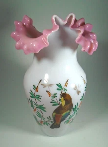 Antique Opaline Glass Ruffled Rim Vase, White & Pink, Hand Painted Bird - Picture 1 of 8
