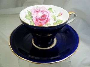 1 CORSÉ AYNSLEY AZUL COBALTO COL ROSA TAZA PLATILLO HUESO CHINA FORMA C957 - Imagen 1 de 5