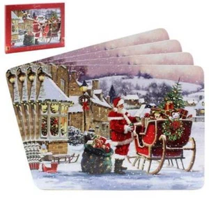 Santa Claus Placemats Rectangular Cork Based Set of 4 Christmas Gift Boxed - Picture 1 of 3