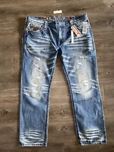 Rock Revival Herren Stan Alt Straight Stretch Jeans Blau Größe 44x32 Distressed Neu mit Etikett - Bild 1 von 12