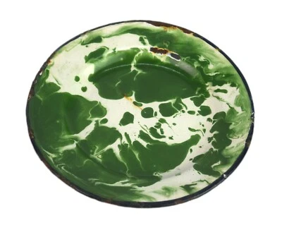 Old Indian Multi Purpose White & Green Enamel Printed Dish Serving Plate. i14-83 - Image 1 of 4