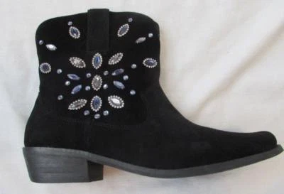 CAIXA AMARELA feminina 8.5 camurça preta enfeitada cristal botas de tornozelo ocidentais TWINKY - Imagem 1 de 4