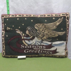 SEASONS GREETINGS holiday throw pillow Archangel Israfil angel w/ horn Christmas - Picture 1 of 4
