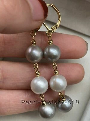 Encantadores Pendientes AAA Genuinos Naturales Mar del Sur Blanco Gris Perla Oro 14k Foto 1 de 2